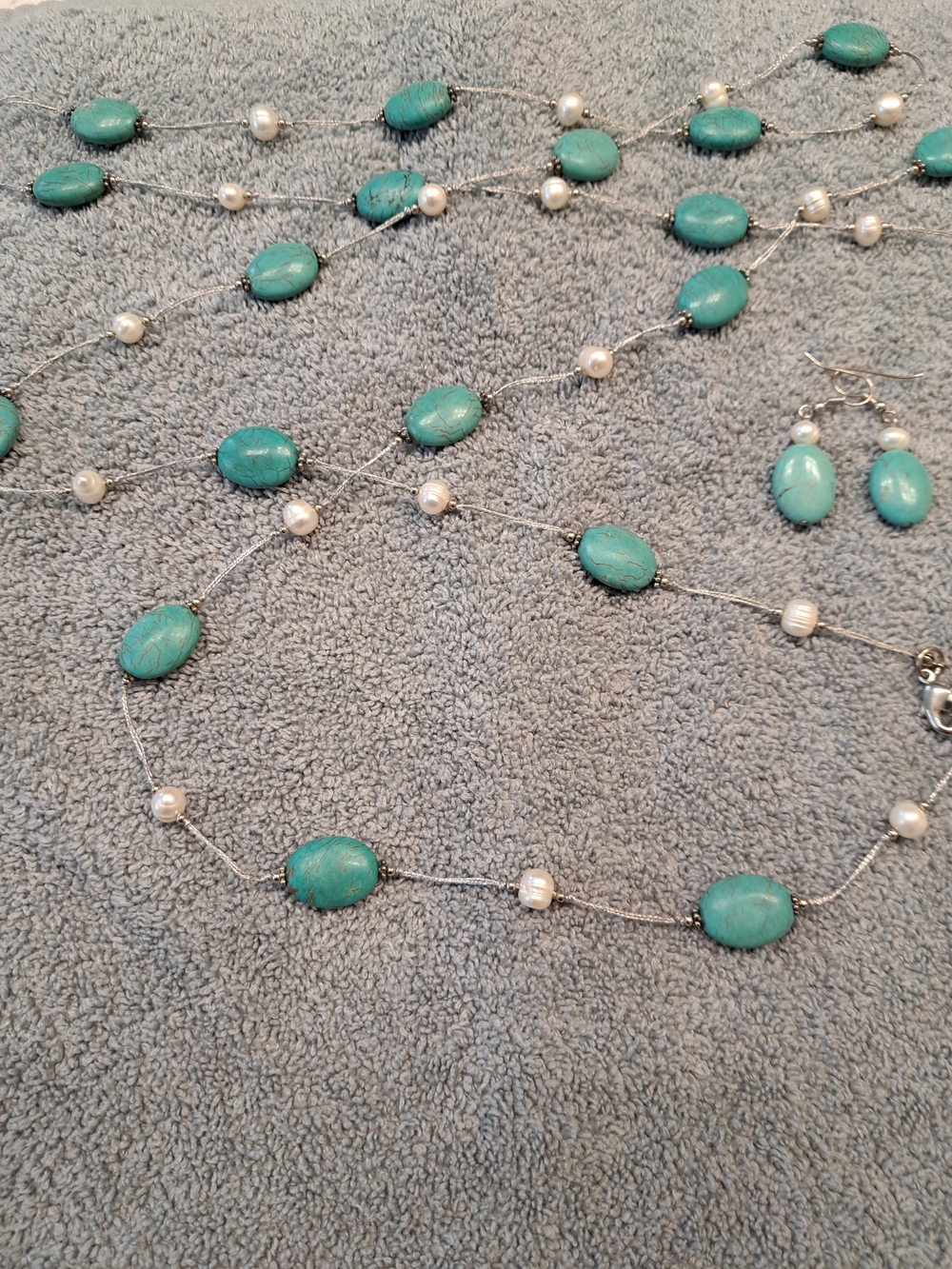 Turquoise Bead and Pearl Station Necklace and Earring Set